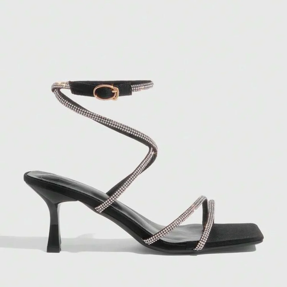 Rhinestone Black Strappy Heels (2.6inch Heel) - Picture 2 of 8